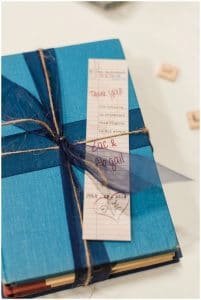 Literary themed DIY wedding with library card bookmark favor in Slippery Rock, PA. Image by Madeline Jane Photography.