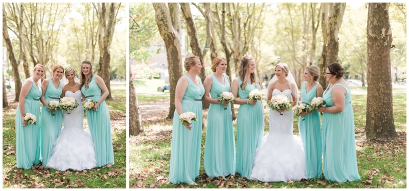 Light blue and peach bridesmaid dresses at summer wedding in Pittsburgh PA by Madeline Jane Photography