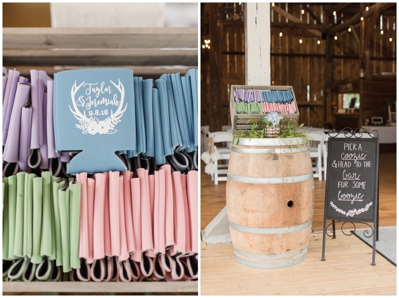 Coozie wedding favors at the barn at Ever Thine in Fenelton, PA by Madeline Jane Photography
